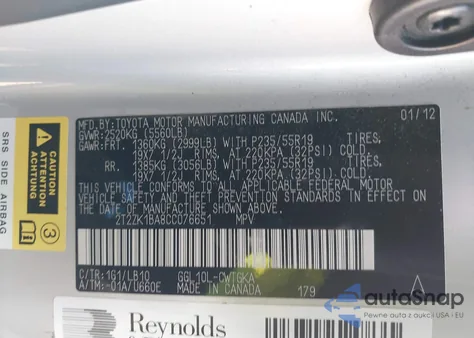 2012 Lexus Rx 350 z USA, uszkodzony, nr VIN 2T2ZK1BA8CC076651